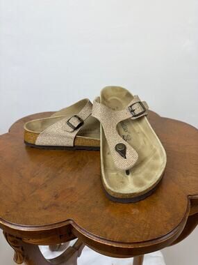 Papillio Birkenstock Tan Leather Buckle Thong Flip Flop Sandals Womens 9 Mens 7